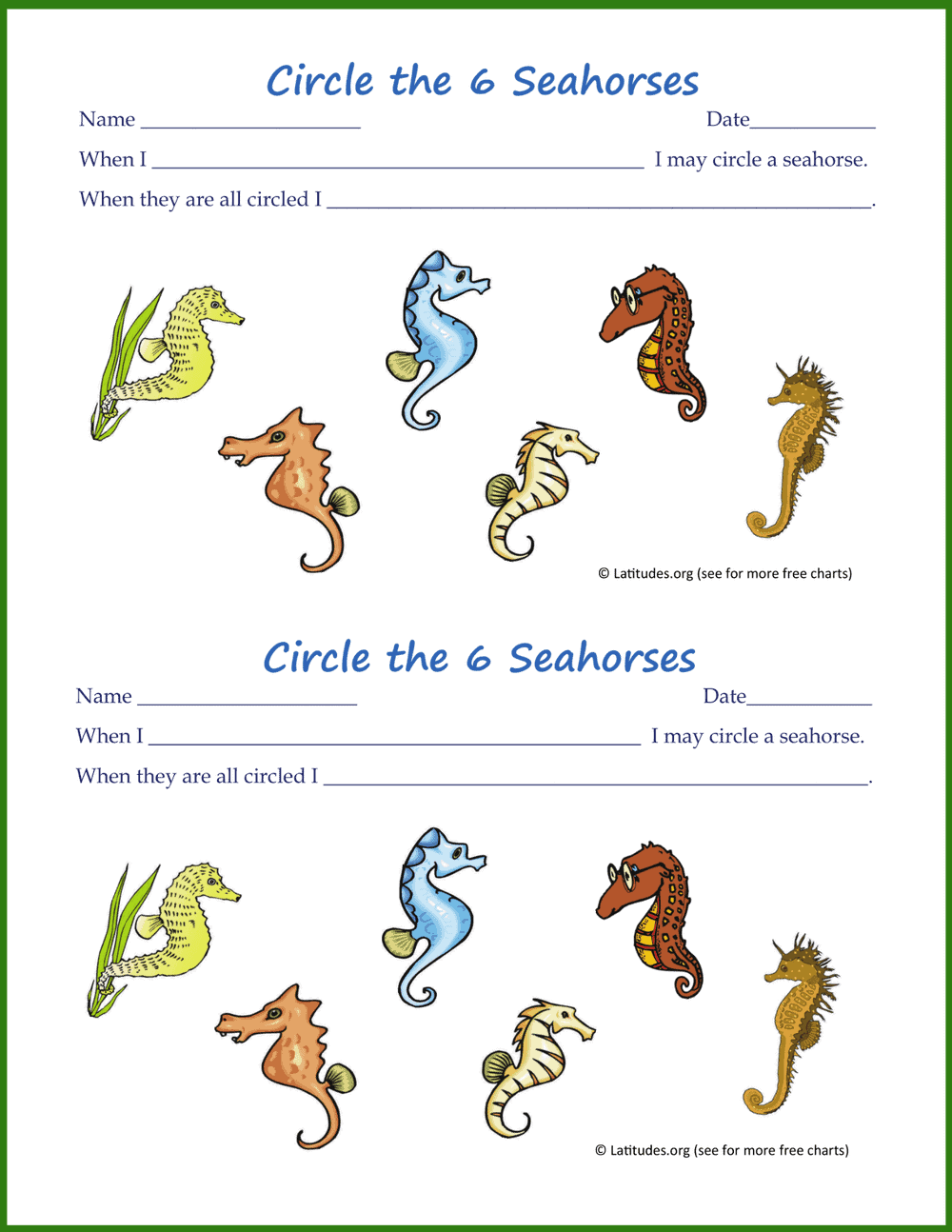 Circle the Seahorses Behavior Chart