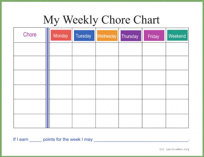 Colorful Weekly Chore Chart Fillable Acn Latitudes