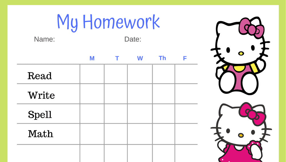 Hello Kitty 5-Day Homework Completion Chart