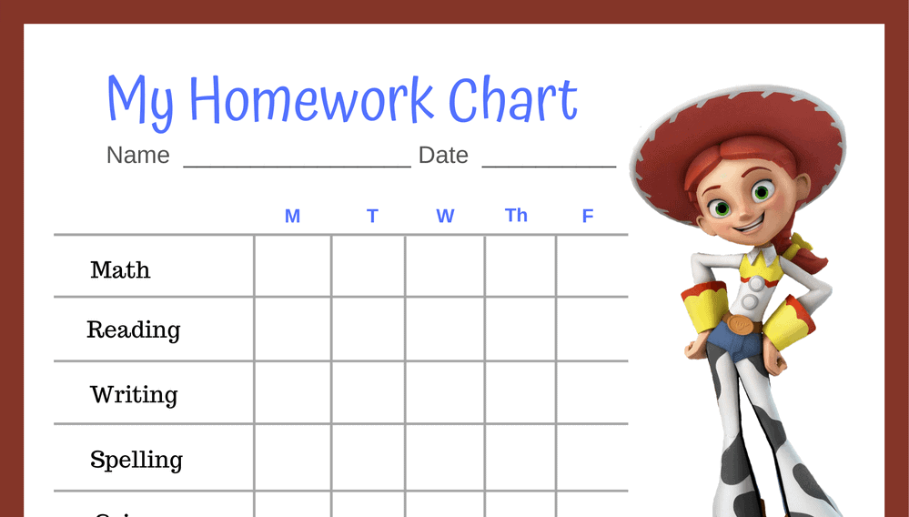 Jessie Toy Story 5-Day Homework Completion Chart (Fillable)