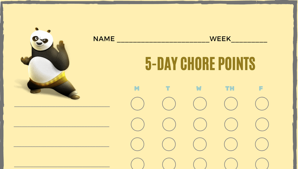 Kung Fu Panda 5-Day Points Chore Chart (Fillable)