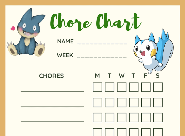 Pokemon Weekly Chore Chart (Fillable)