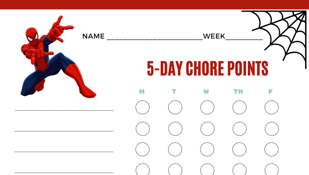 Spiderman 5 Day Points Chore Chart ACN Latitudes