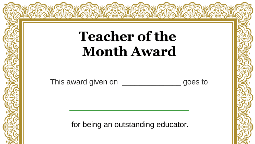 Teacher of the Month Award Gold (Fillable)