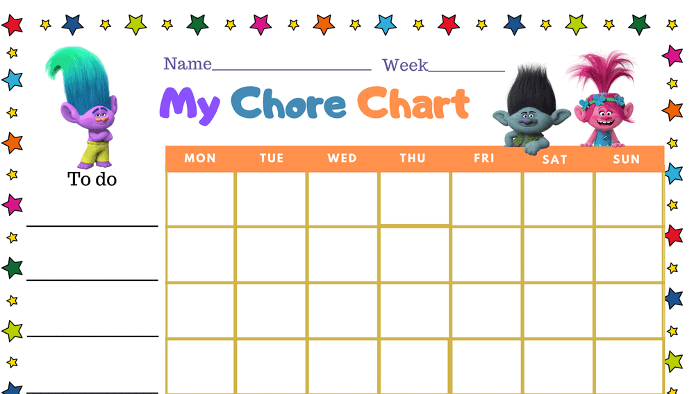 Trolls Weekly Sticker Chore Chart (Fillable)