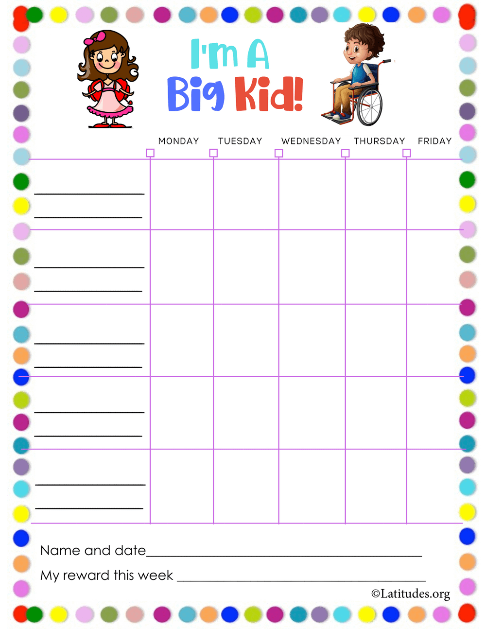 Boy Girl I'm A Big Kid Blank Reward Chart (Fillable)