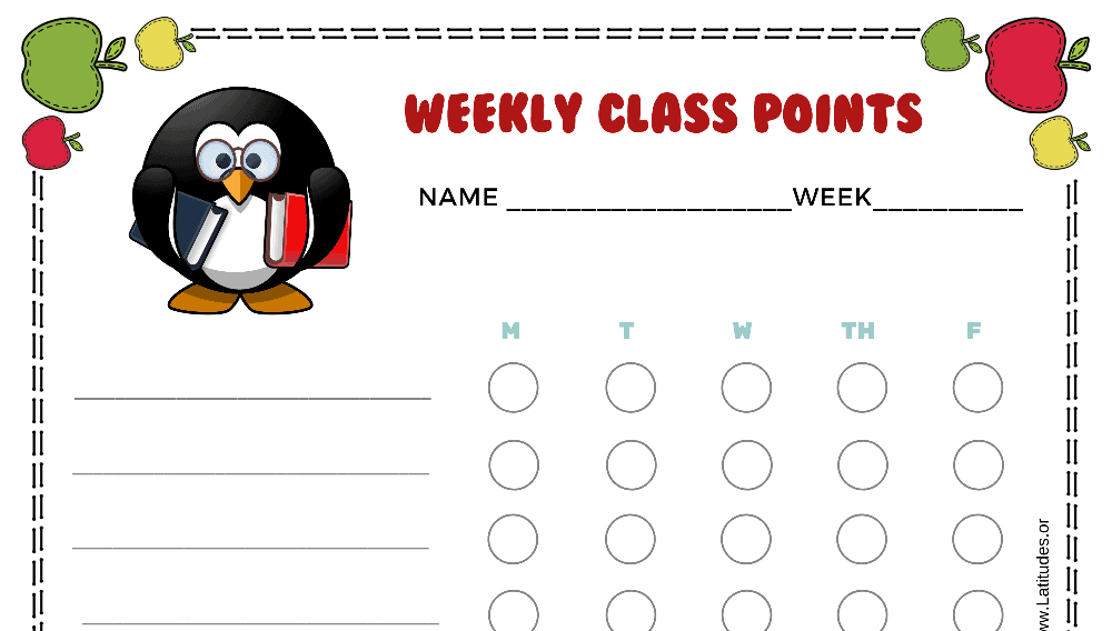 Penguin Weekly Class Points Behavior Chart (Fillable)