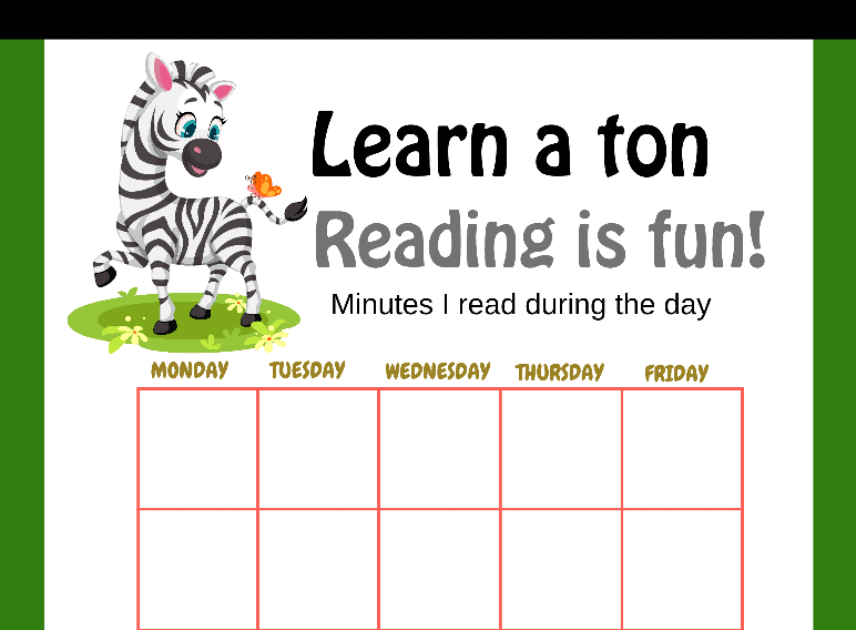 Zebra Learn a Ton Reading is Fun Minutes Chart (Fillable)