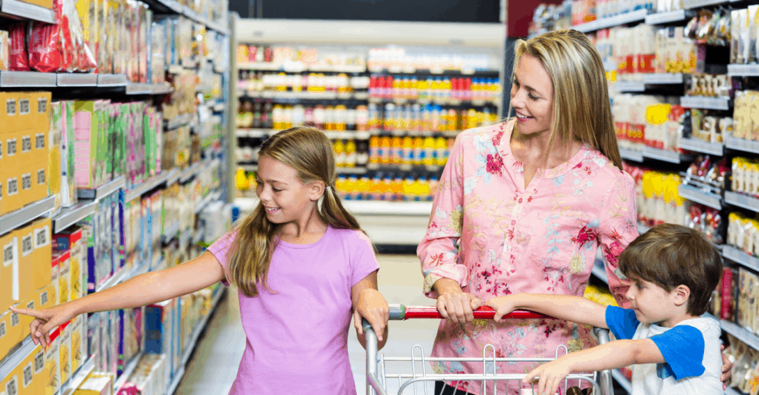 Children and mom in grocery store