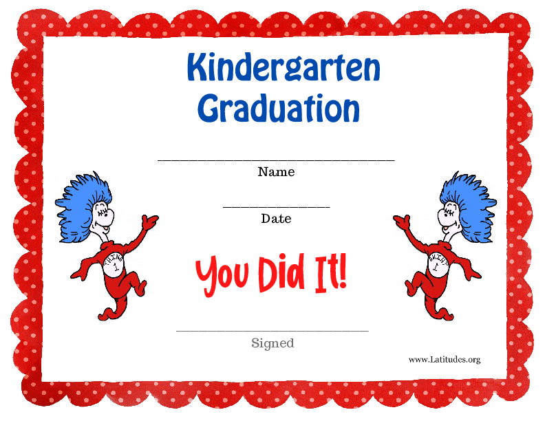 Dr Seuss Kindergarten Graduation Certificate (Fillable)