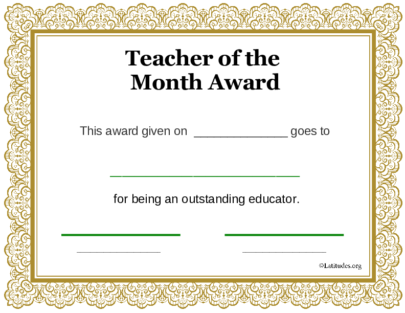 Teacher of the Month Award Gold (Fillable)