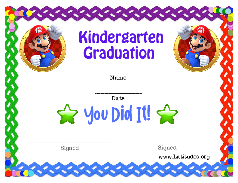 Mario Certificate for Graduation from Kindergarten (Fillable)