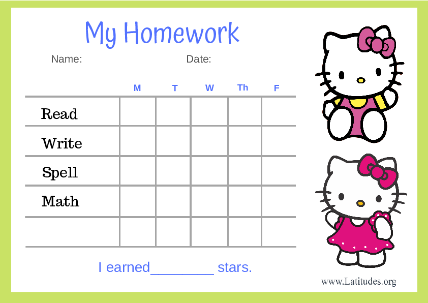 Hello Kitty 5-Day Homework Completion Chart