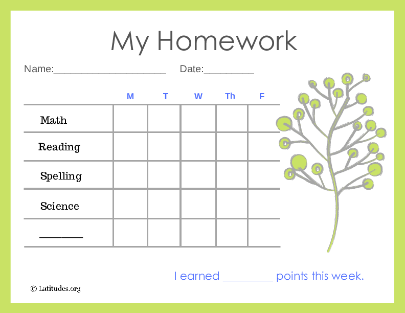 Primary 5-Day Homework Completion Chart