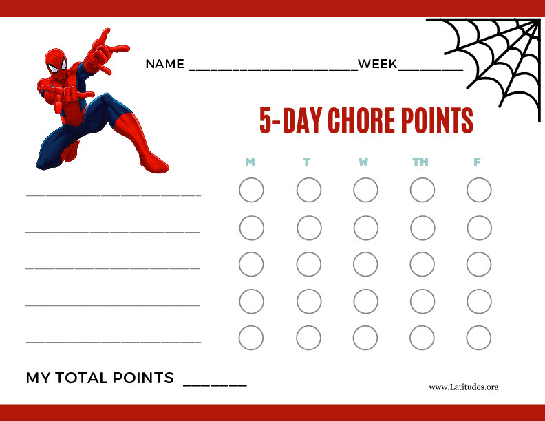 Spiderman 5-Day Points Chore Chart