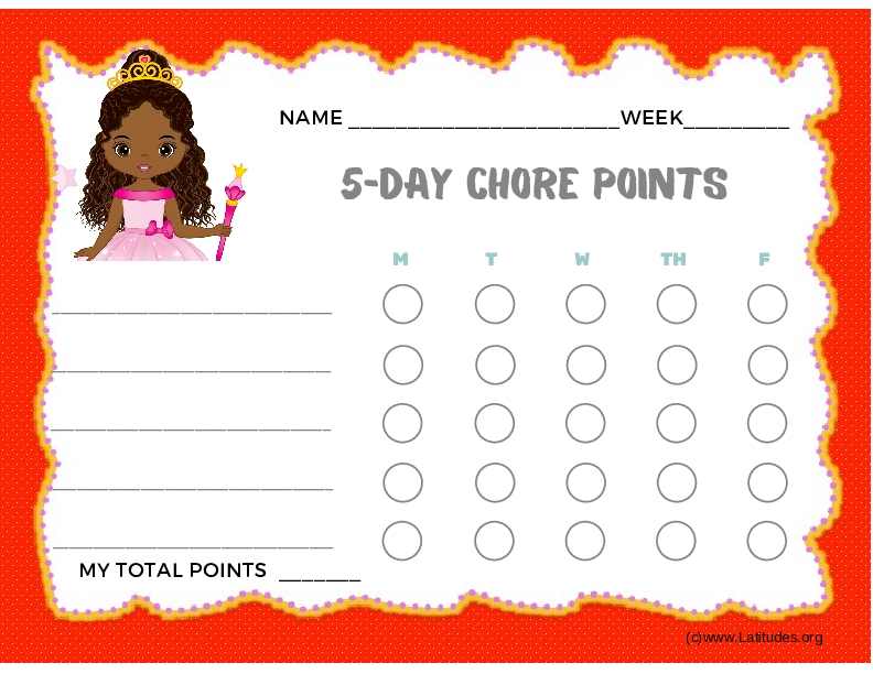 Princess 5-Day Points Chore Chart (Fillable)