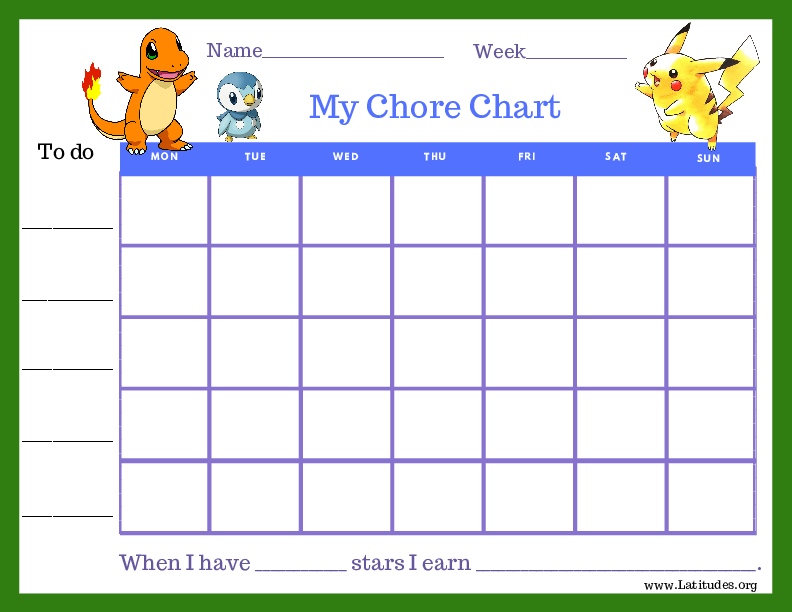 Pokemon Weekly Chore Chart (Fillable)