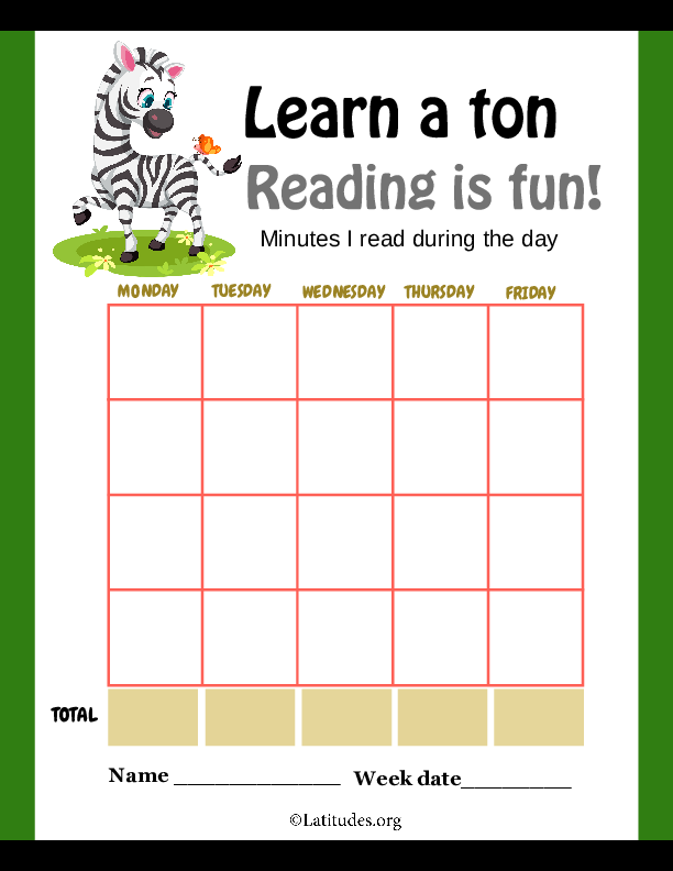 Zebra Learn a Ton Reading is Fun Minutes Chart (Fillable)