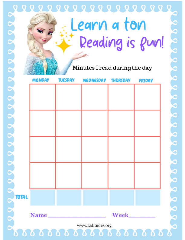 Frozen Learn a Ton Reading is Fun Minutes Chart (Fillable)