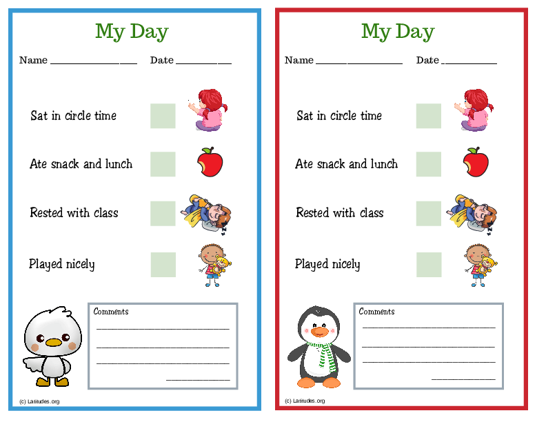 Duck and Penguin My Day PreK Daily Chart (Fillable)