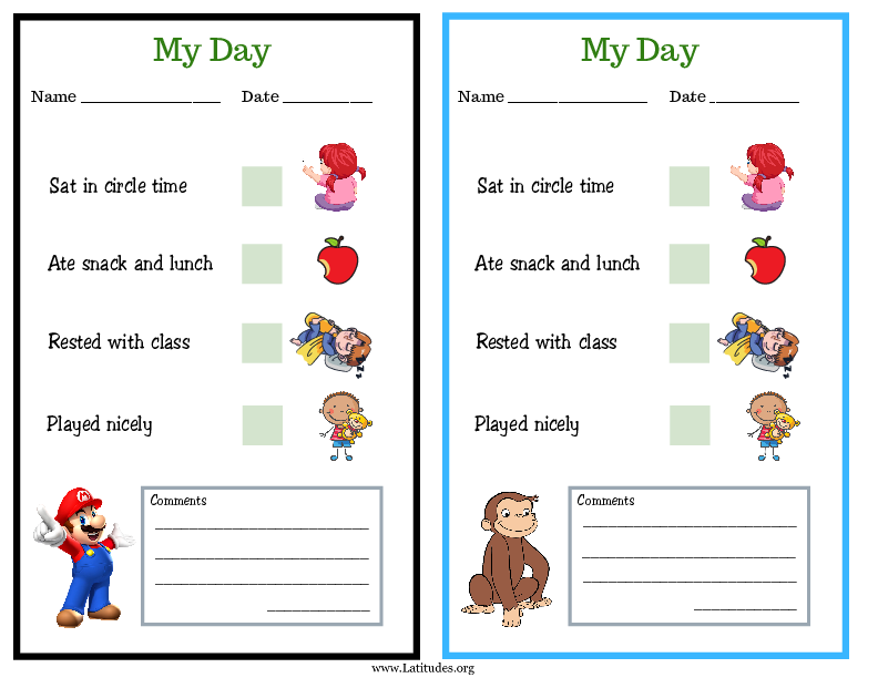 Mario and Curious George My Day PreK Daily Chart (Fillable)