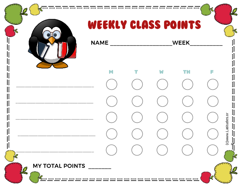 Penguin Weekly Class Points Behavior Chart (Fillable)