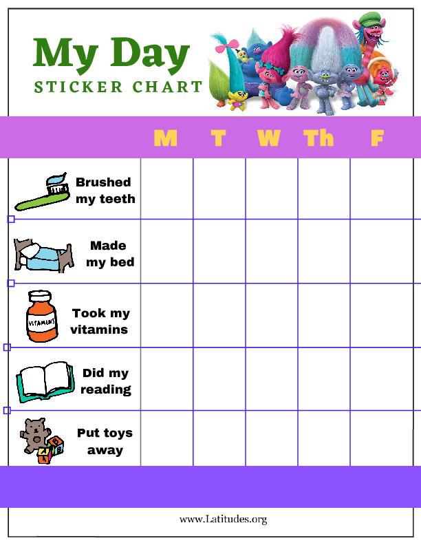 Trolls My Day Weekly PreK Sticker Chart